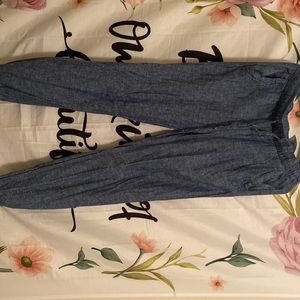 denim colored comfy pants, flared bottoms